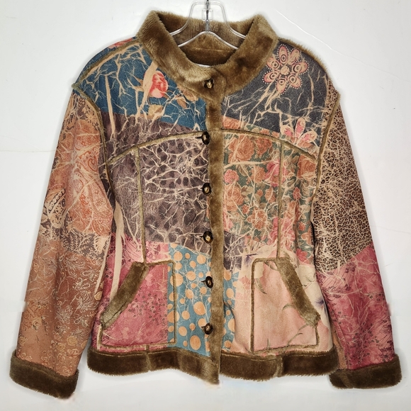 Coldwater Creek Petite Large Floral Faux Suede Shearling Patchwork Jacket Boho - Picture 1 of 7